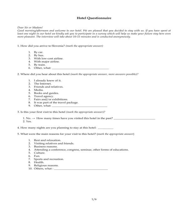 hotel feedback questionnaire form