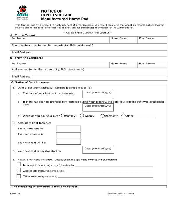 manufactured home pad notice of rent increase form