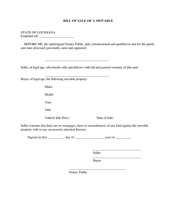 movable personal property bill of sale form