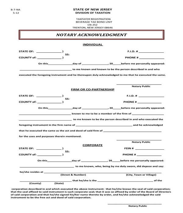notary acknowledgment form sample