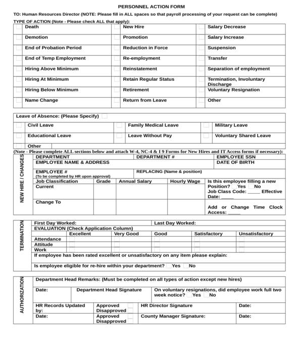 personnel action form template sample