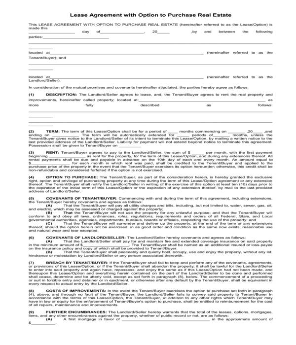 real estate lease agreement with option to purchase agreement form