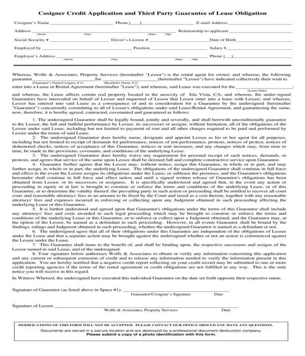 real estate lease obligation guarantee co signer credit application form