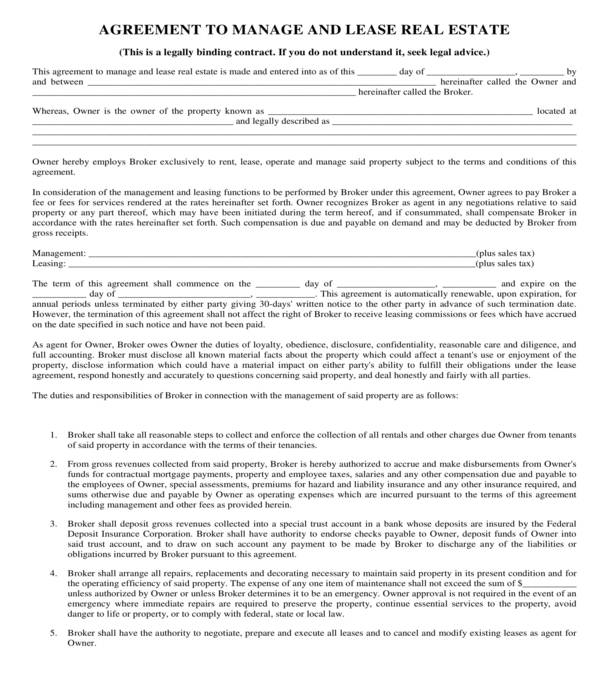 realtors real estate manage and lease agreement form