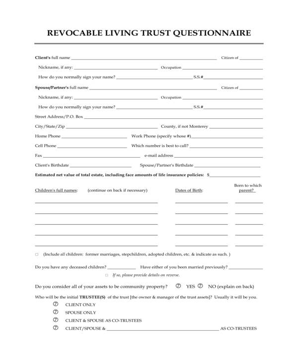revocable living trusts questionnaire form