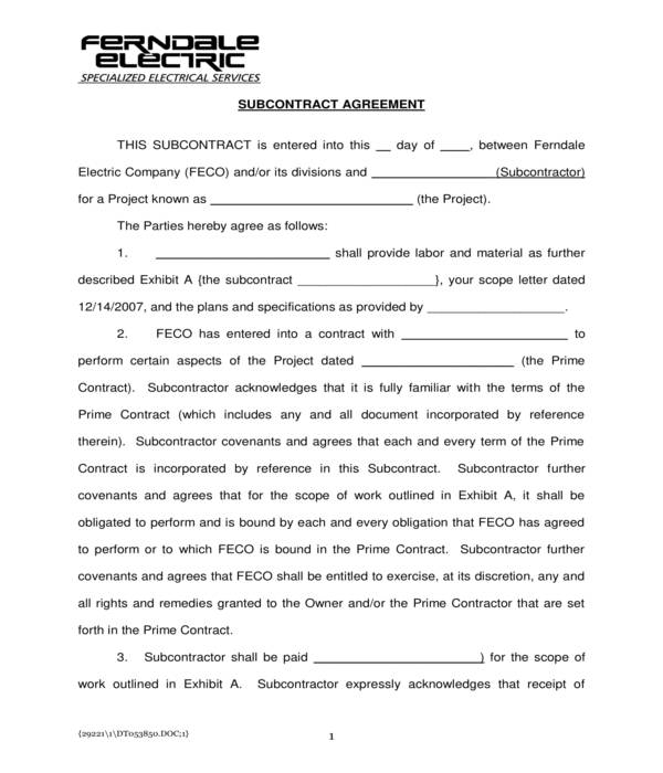 specialized electrical services subcontractor agreement form