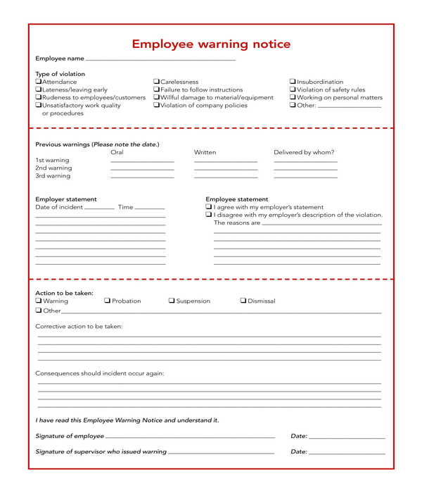 work employee warning notice form