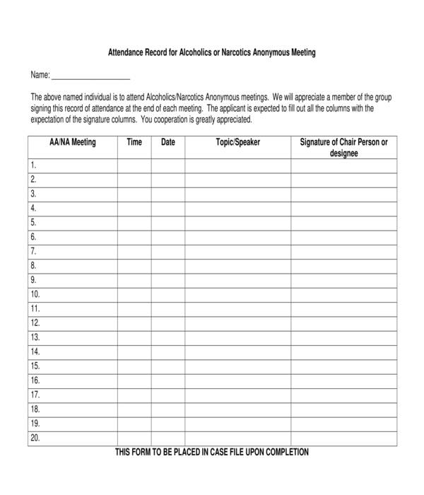 Printable Aa Attendance Sheet