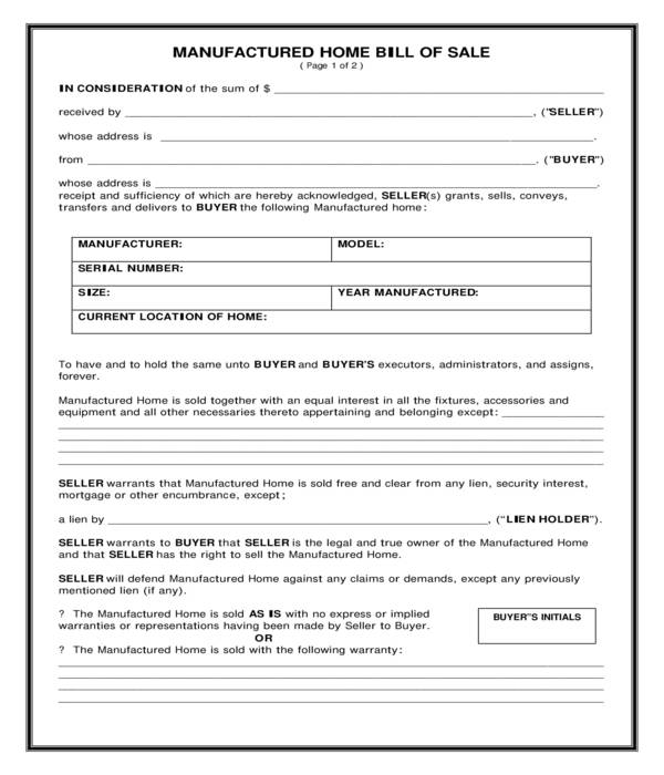 basic manufactured home bill of sale form