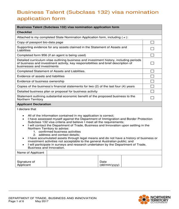 business talent visa nomination application form