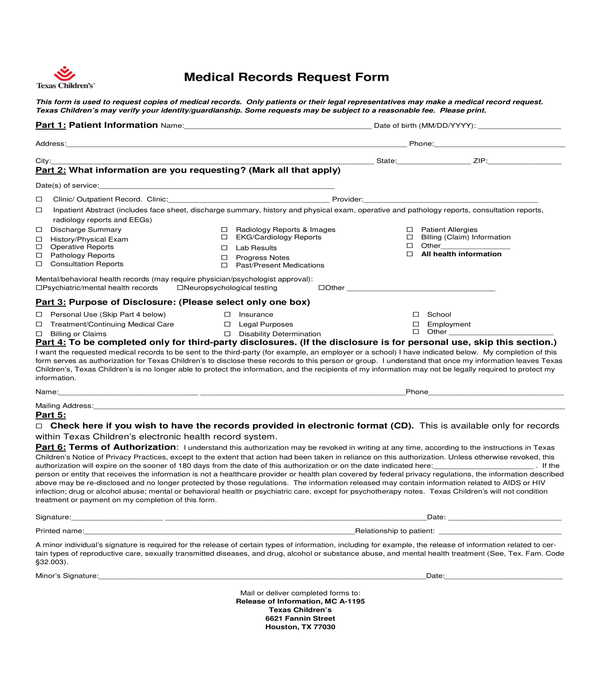 child medical records request form