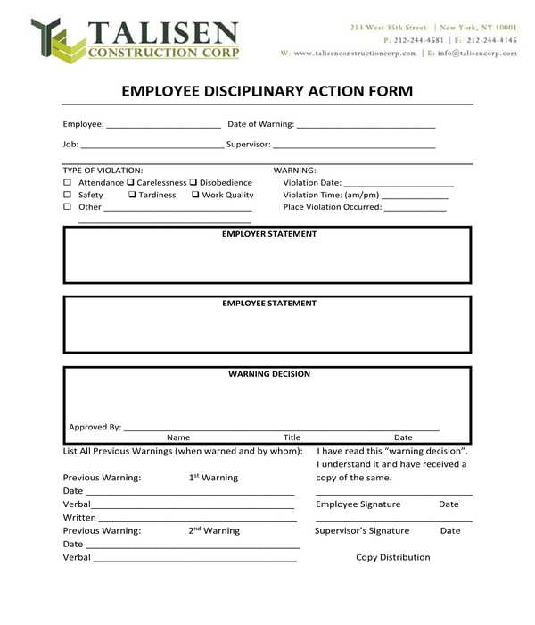 construction employee disciplinary action form