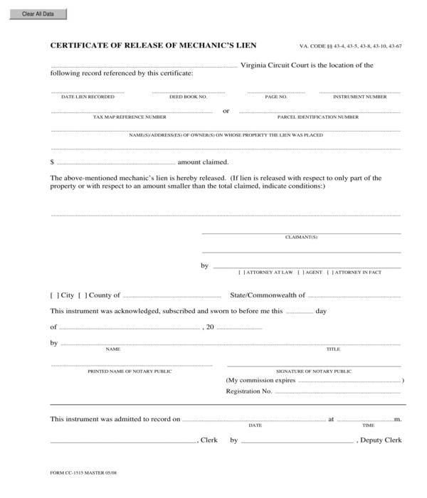 contractor mechanics lien release certificate form