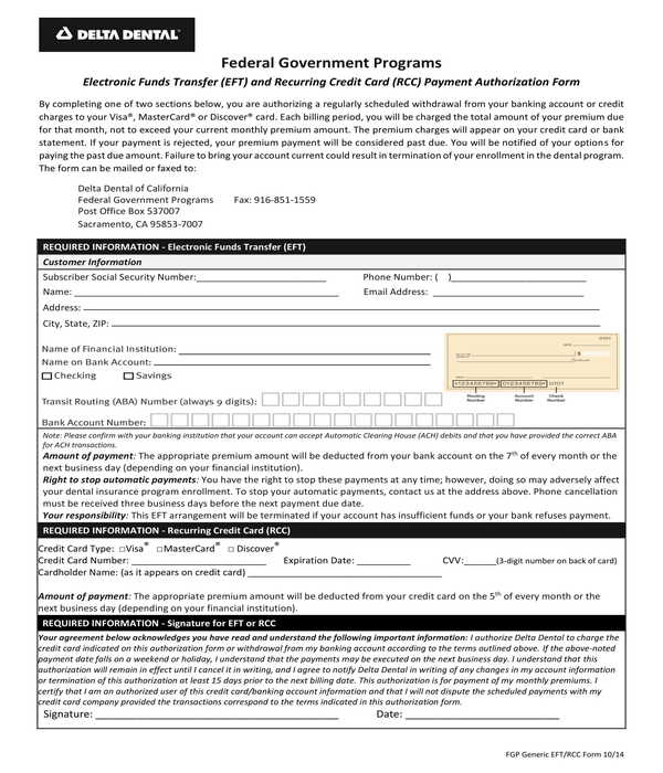 electronic funds transfer and recurring credit card authorization form