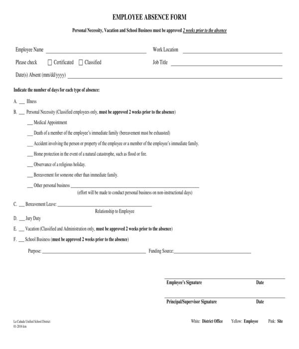 Free 11 Employee Absence Forms In Pdf Ms Word Excel 8260