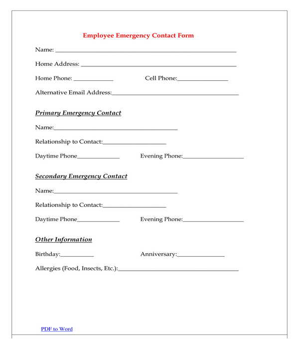 employee emergency contact form sample