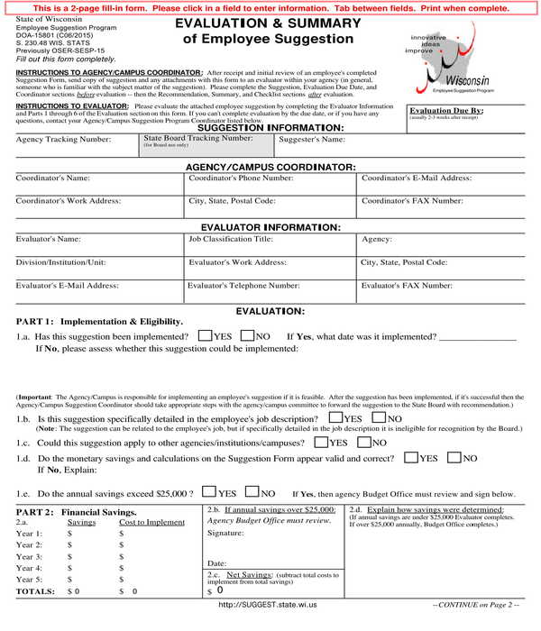 employee evaluation and suggestion summary form