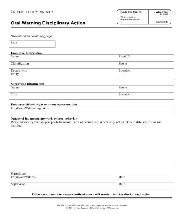 employee oral warning disciplinary action form