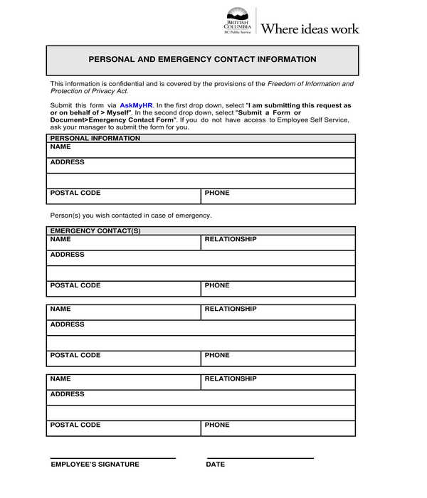 employee personal and emergency contact information form