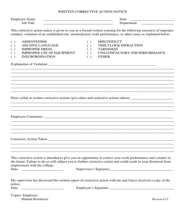 employee written corrective action notice form