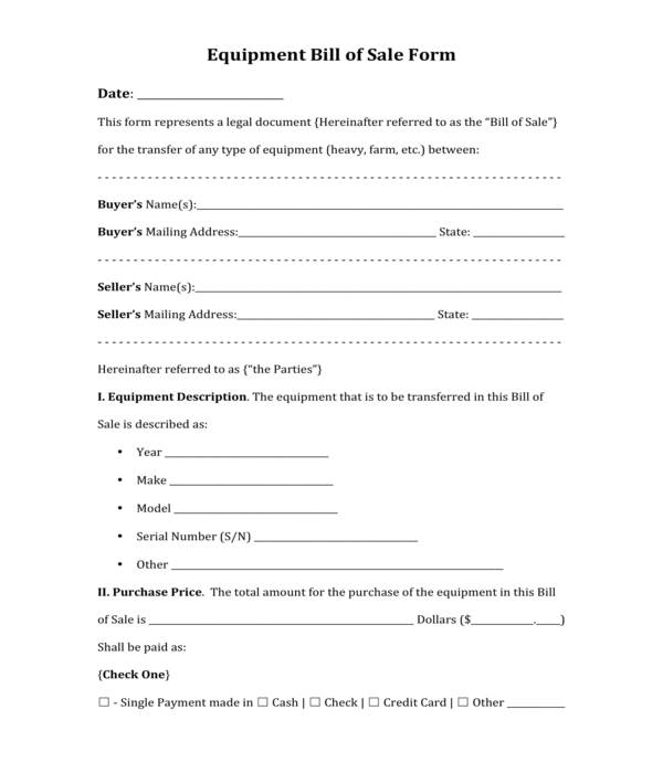 equipment bill of sale form sample