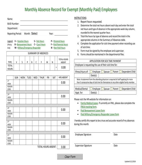 exempt employees monthly absence record form