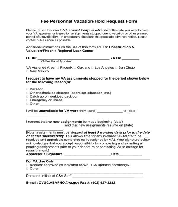 fee personnel vacation hold request form