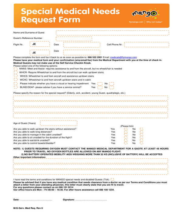 flight special medical needs request form
