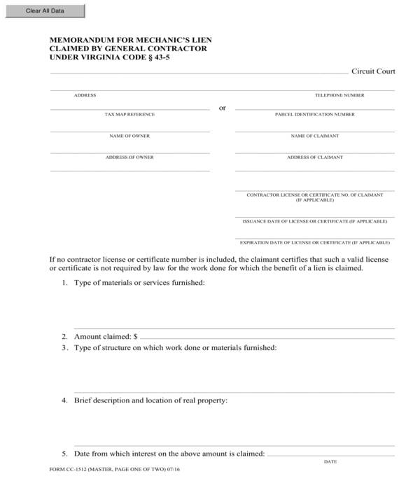 general contractor memorandum for mechanics lien form