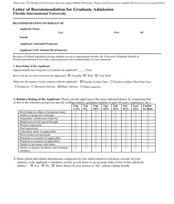 graduate school admission recommendation letter form