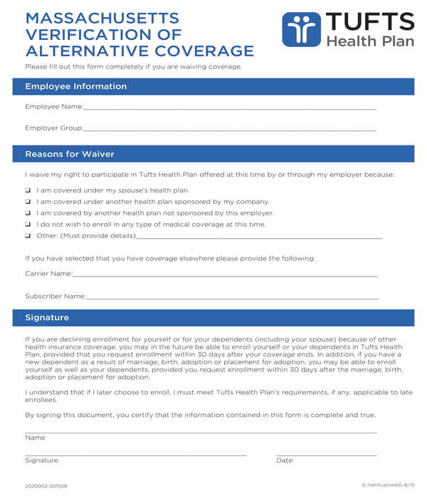health insurance alternative coverage verification form
