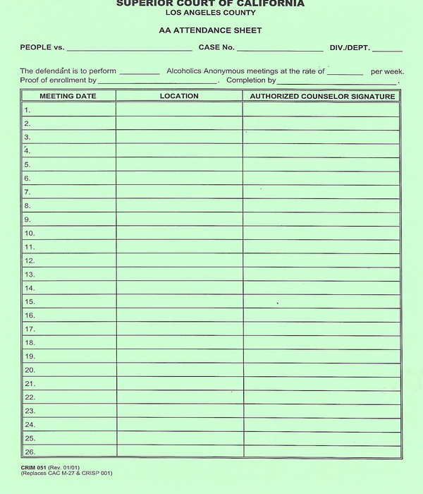 Printable Aa Attendance Sheet Customize And Print