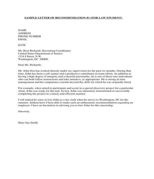 law school application letter of recommendation sample