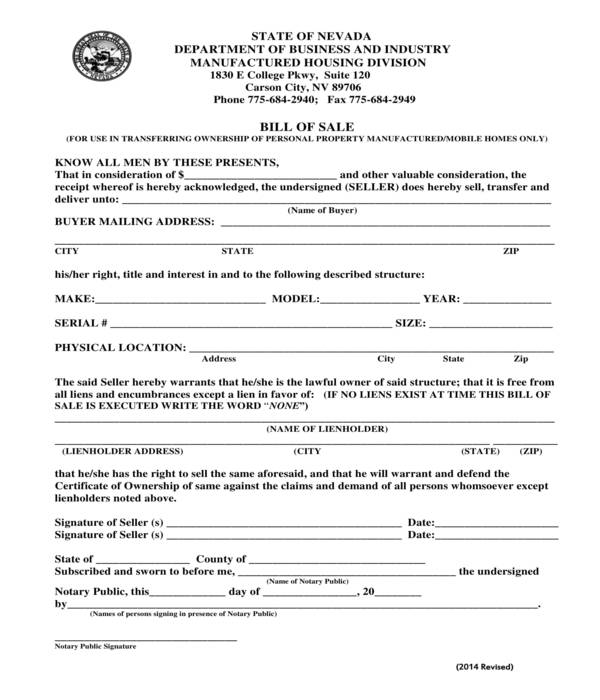 manufactured home bill of sale form