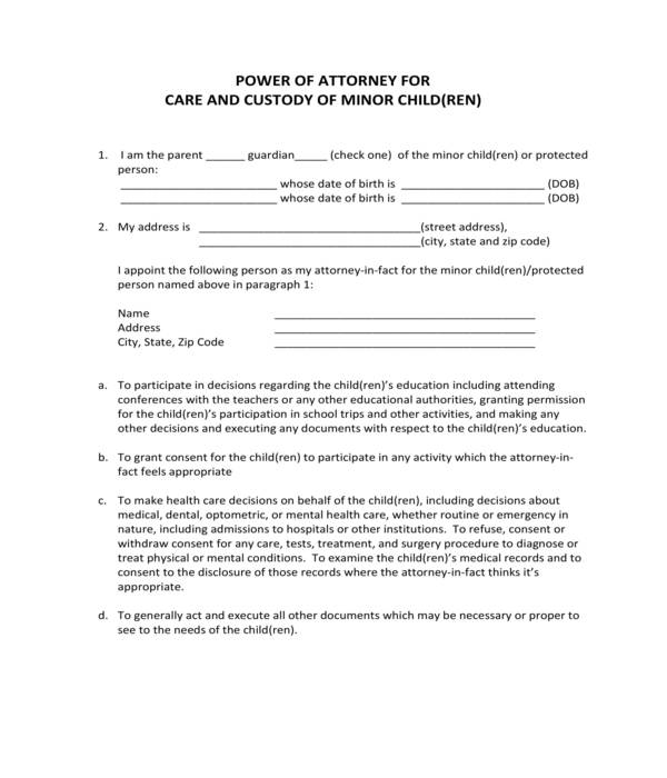minor child care and custody power of attorney form