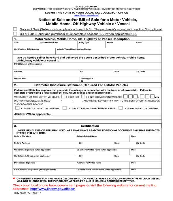 mobile home and vehicle bill of sale form