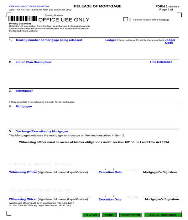 mortgage release form sample