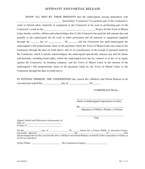 partial release of lien affidavit form