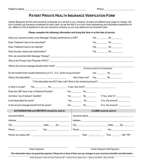 patient private health insurance verification form