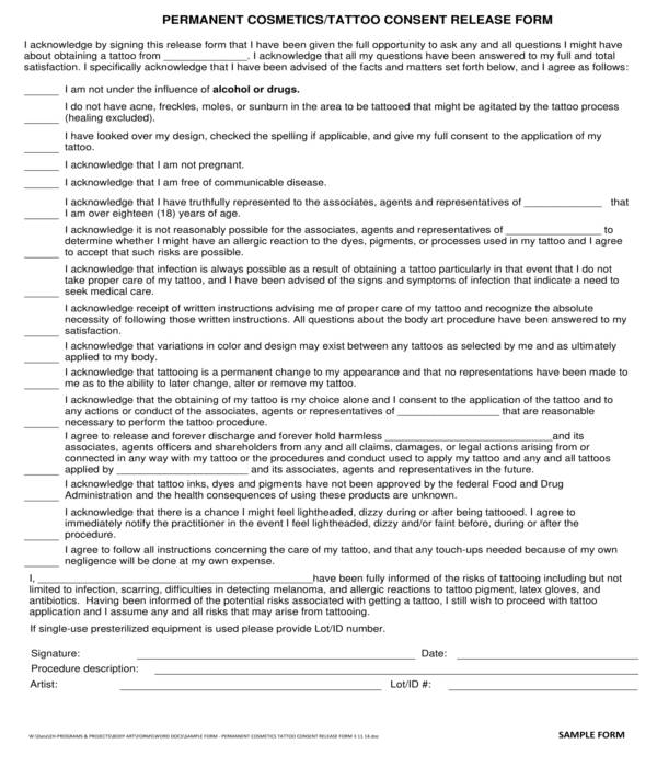 permanent cosmetics tattoo consent release form