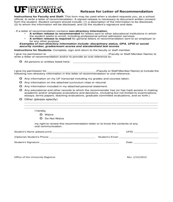 professional letter of recommendation release form