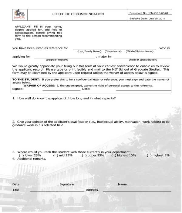 professional university letter of recommendation form