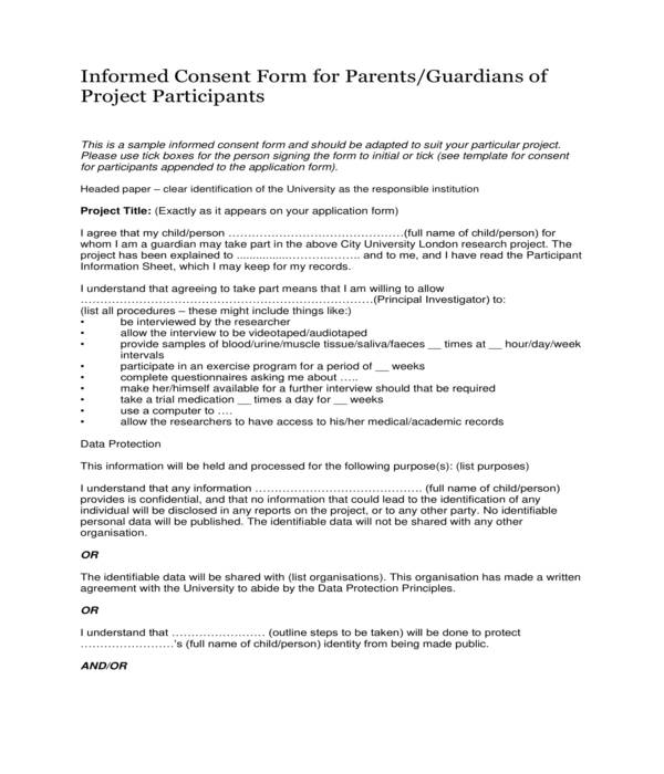project parental consent form