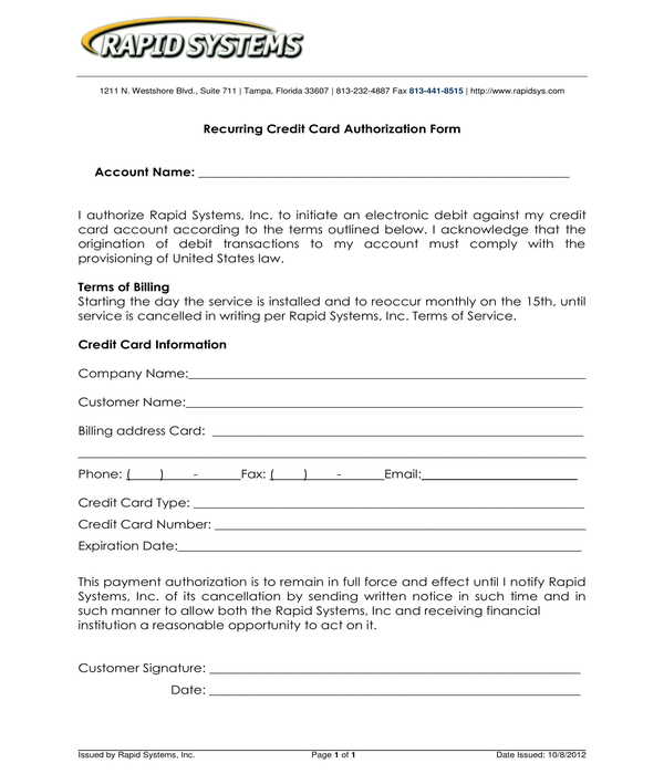 Free 7 Recurring Credit Card Authorization Forms In Pdf Ms Word 4765