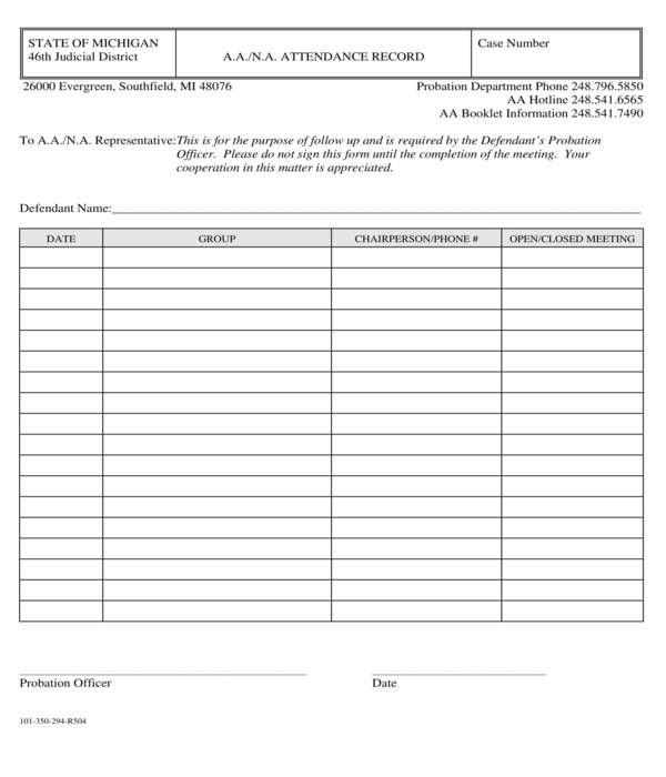 state aa na attendance record form