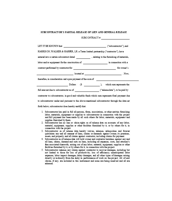 subcontractor partial release of lien form