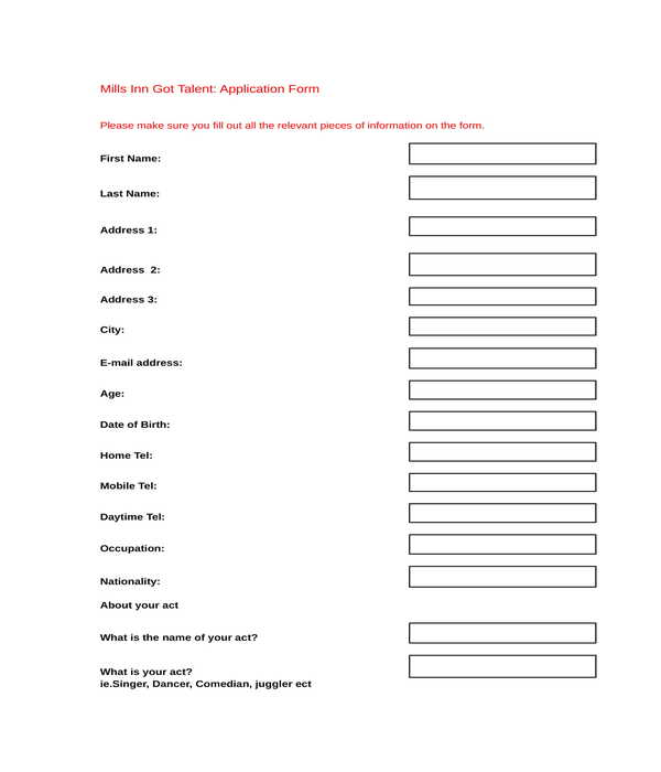 talent application form in doc