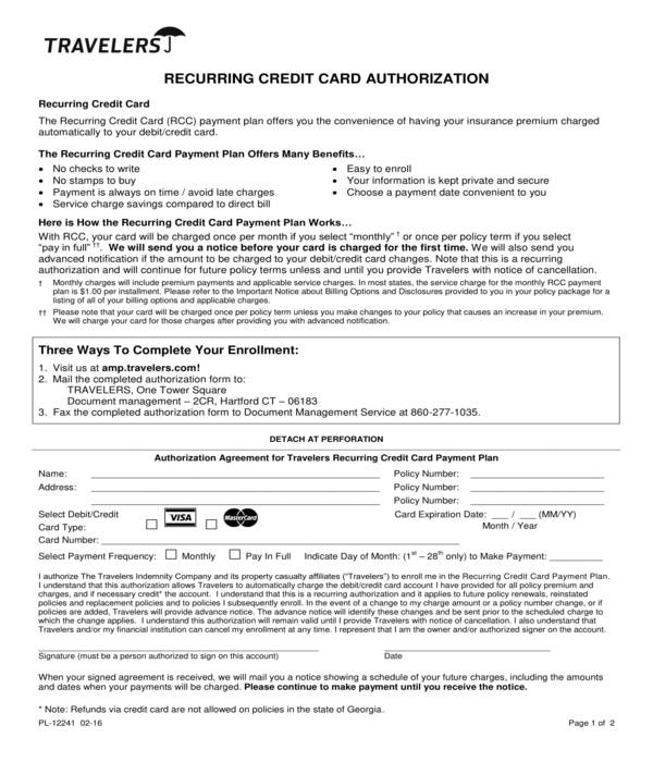 travelers recurring credit card authorization form