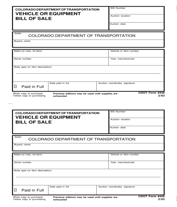 vehicle equipment bill of sale form