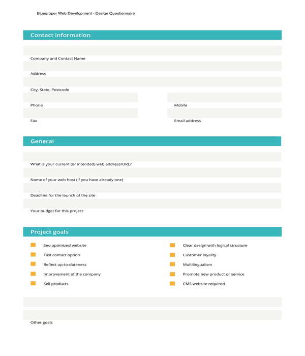 website development design request questionnaire form